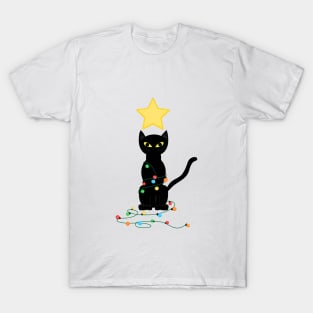 Black Santa Cat Tangled Up In Lights Christmas Santa Illustration T-Shirt